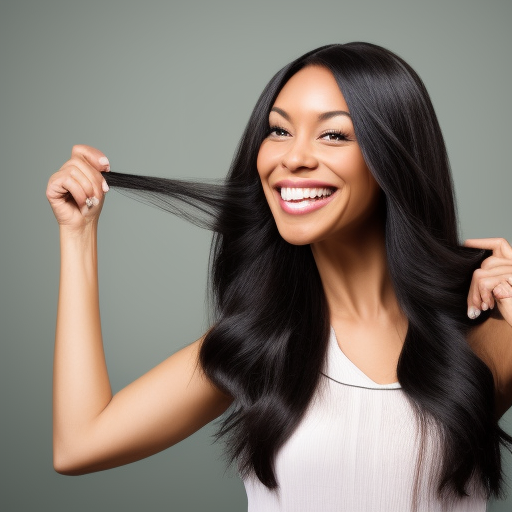 An image of a woman with long, healthy, shiny hair, smiling confidently, with a caption that reads "Regular Hair Care Routines Lead to Healthy, Beautiful Hair".