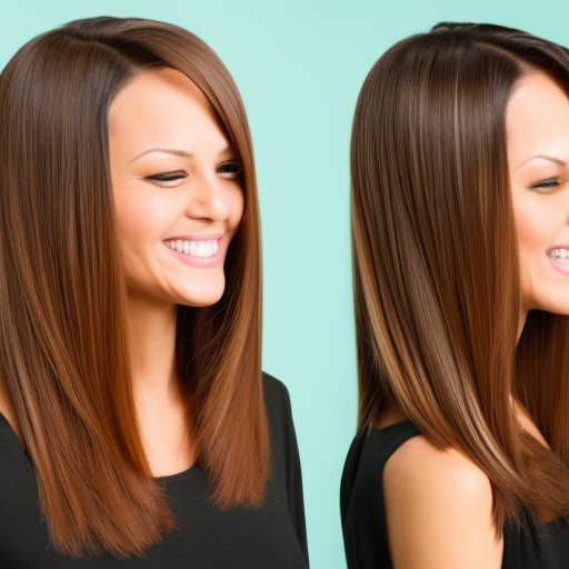 An image of a woman with long, healthy, shiny hair, smiling and looking into the camera, with a professional hairstylist behind her, scissors in hand. The image conveys the message that regular trims and split end prevention can