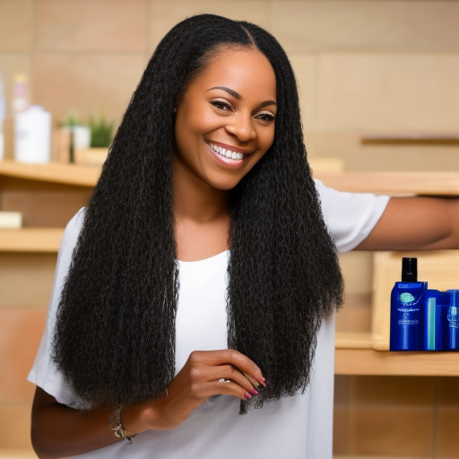 An image of a woman with long, healthy, and shiny hair, smiling and looking into the camera. The woman is using natural hair care products, such as a wooden comb and a bottle of natural oil. The image conveys the message