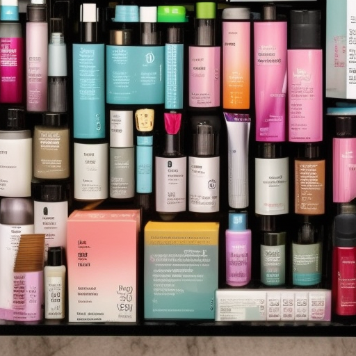 A close-up image of a woman's head with a variety of different hair care products, including shampoos, conditioners, and styling products, arranged in an organized manner. The products are labeled with the different hair types they are