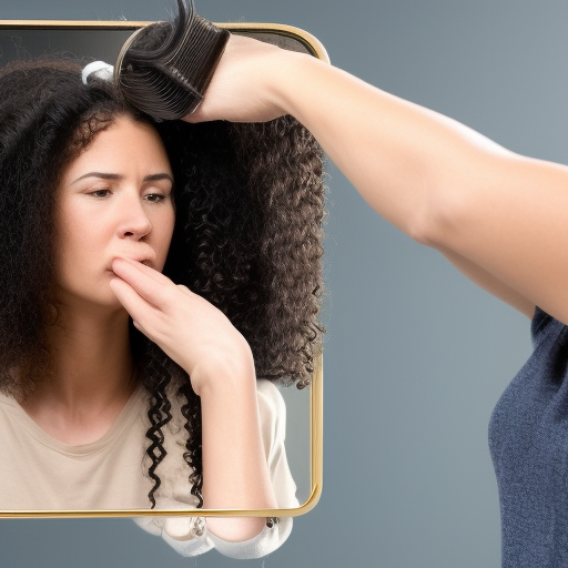 An image of a woman with long, curly hair, sitting in front of a mirror, carefully brushing out her hair with a wide-toothed comb. The woman has a look of concentration on her face as she works to gently remove