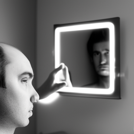 The image shows a balding man looking into a mirror, with a distressed expression on his face. The image conveys the emotional distress that hair loss can cause, as well as highlighting one of the common causes of hair loss - male pattern