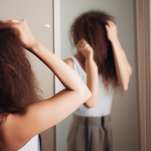 A woman looking in the mirror with a distressed expression, her hair in a tangled mess.