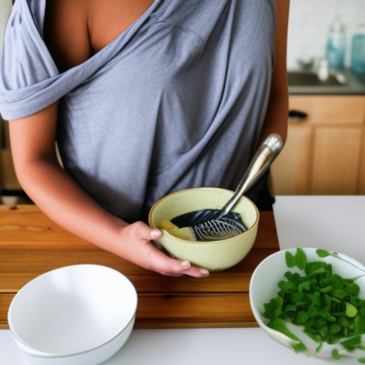 An image of a woman with a towel wrapped around her head, mixing ingredients in a bowl to create a homemade hair mask.