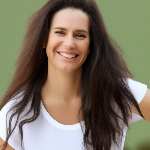 An image of a woman with long, shiny, healthy hair, smiling and looking directly at the camera. She is wearing a white t-shirt and her hair is pulled back away from her face. The background is a bright, sunny day
