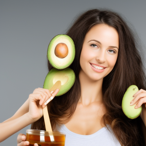 An image of a woman with long, shiny, healthy hair, with a bowl of natural ingredients such as avocado, honey, and olive oil in front of her, suggesting the use of natural home remedies to promote hair growth and shine.