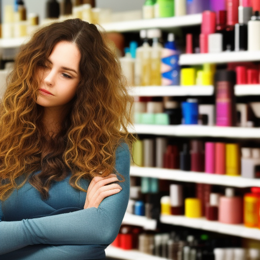 An image of a woman with long, wavy hair standing in front of a shelf of hair care products, looking thoughtful and considering her options. The image conveys the idea of taking the time to carefully select the best products for one's
