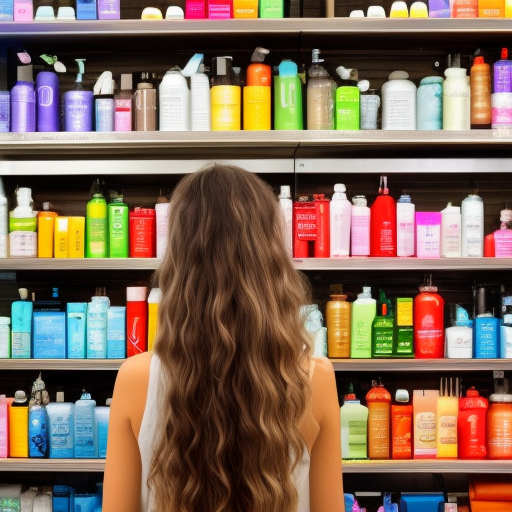 A photo of a woman with long, wavy hair, standing in a bathroom with a variety of different shampoos and conditioners on the counter. She is looking at the selection, contemplating which one to choose.