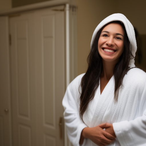 An image of a woman with long, healthy hair, smiling and looking in the mirror with a satisfied expression. She is wearing a white robe and has a towel wrapped around her head. In the background, a variety of hair care products are