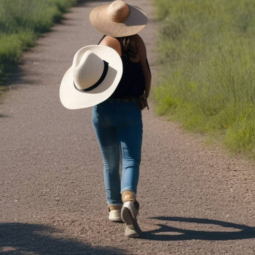 An image of a woman wearing a wide-brimmed hat while walking outdoors, with the sun shining down on her. The image conveys the message that wearing a hat is an effective way to protect your hair from environmental damage caused by