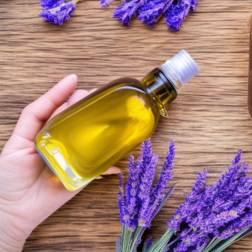 A close-up of a woman's hand holding a bottle of natural oil, such as argan oil, with a background of various natural ingredients used in hair care products, including lavender, rosemary, and coconut.