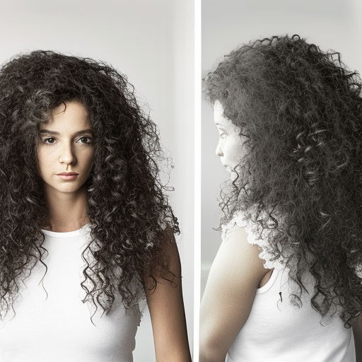 An image of a woman with long, curly hair styled in a half-up, half-down look. She is looking in the mirror, examining her hair with a satisfied expression on her face. The image conveys the idea that there