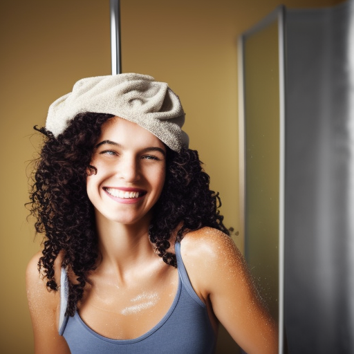 An image of a woman with long, curly hair, wearing a shower cap and a towel around her shoulders, looking in the mirror with a satisfied smile. The image conveys the idea of taking protective measures to keep color-treated hair looking