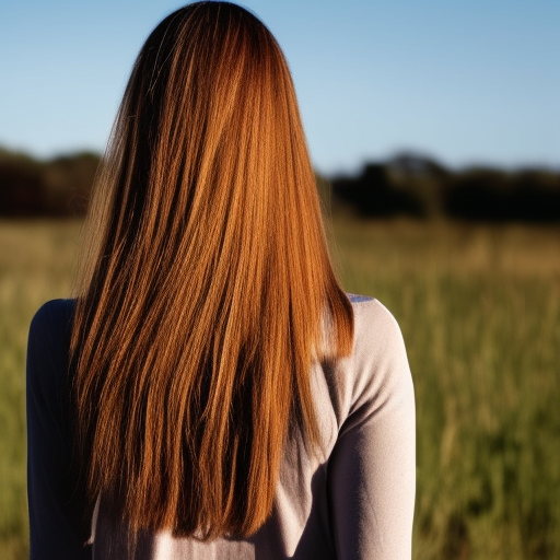 An image of a woman with long, shiny, healthy hair cascading down her back while she stands in a sunlit field, smiling confidently. The image conveys the idea of taking care of one's hair and scalp to achieve a healthy