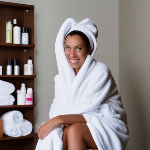 An image of a woman in a white robe with a towel wrapped around her head, sitting in a bathroom with a variety of hair care products spread out in front of her. She is looking in the mirror and smiling, ready to try out